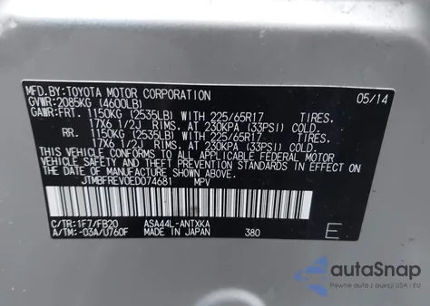 2014 Toyota Rav4 Le из США, поврежденный, VIN JTMBFREV0ED074681